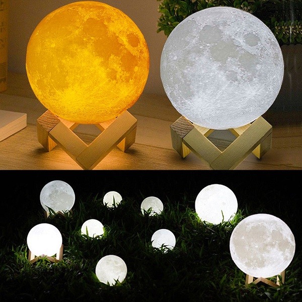 Lampa Moon 3D cu suport lemn, alb rece, alb cald, rosu, 8 cm