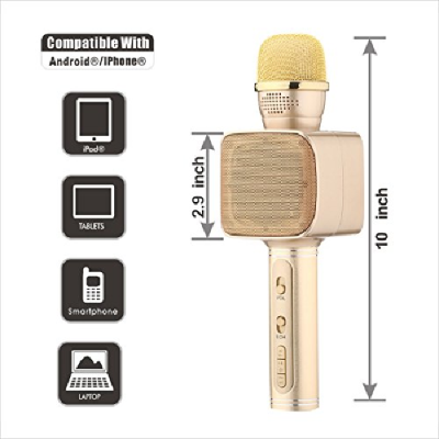 Microfon wireless karaoke, bluetooth, boxe incorporate, auriu