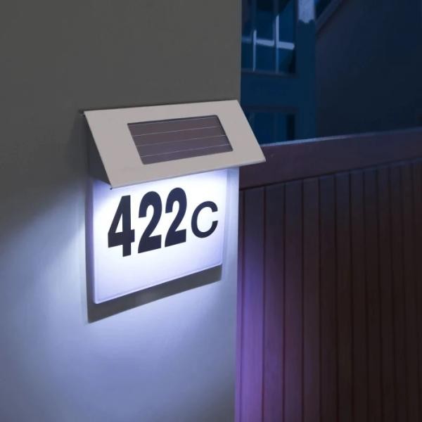 Numar de casa cu iluminare LED si alimentare solara, panou solar inox